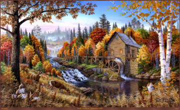 обоя mark, daehlin, johnson`s, mill, рисованные, арт, олени, водяная, мельница, деревья, река, осень, пейзаж, природа