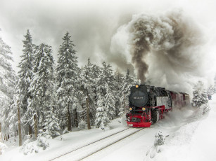 обоя техника, паровозы, деревья, поезд, снег, ели, рельсы, дым, состав, зима