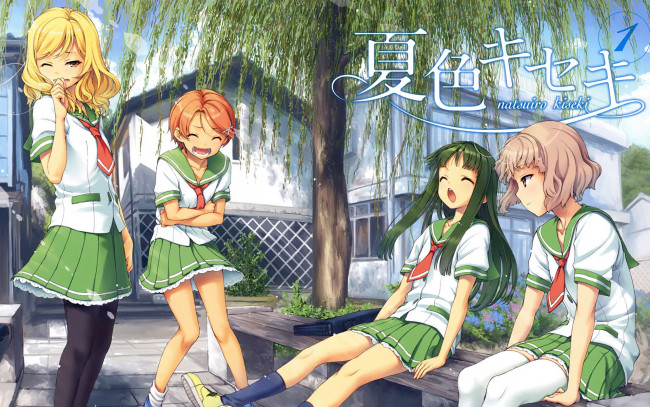 Обои картинки фото аниме, natsuiro, kiseki, девушки, дерево, скамейка