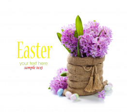 Картинка праздничные пасха цветы гиацинты ваза яйца праздник фон