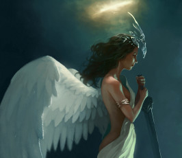 Картинка фэнтези ангелы девушка ангел крылья нимб меч ткань браслет корона