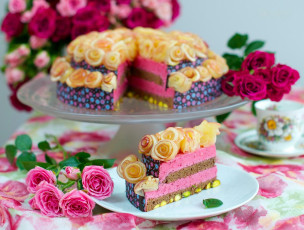 обоя еда, торты, чай, пирожное, торт, десерт, чашка, крем, food, cake, dessert, розы, цветы, кофе, roses, rose, flowers, coffee, tea, cup, cream