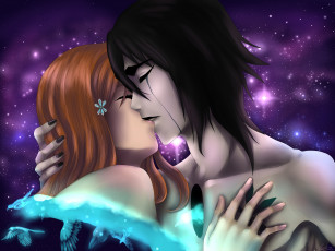 Картинка аниме bleach поцелуй любовь парень пара арт рыжая брюнет девушка эспада аранкар заколка птицы звёзды четвёртый