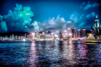 Картинка beautiful+hong+kong города гонконг+ китай ночь побережье здания фейерверк