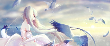 Картинка vocaloid аниме арт holmesa девушка hatsune miku вокалоид небо облака птицы свет кулон