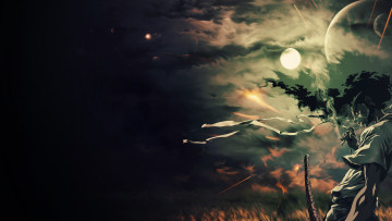 Картинка аниме afro+samurai сигарета луна планеты небо меч парень курит ночь