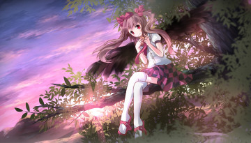 Картинка аниме touhou девушка листва ветка дерево форма румянец сидит взгляд небо облака сумерки himekaidou hatate risutaru art