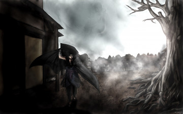 Картинка аниме naruto арт наруто саске учиха дерево дом накидка плащ туман