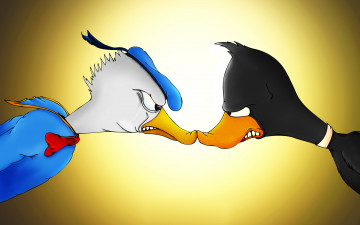 обоя donald duck vs daffy duck, мультфильмы, looney tunes, looney, tunes, daffy, duck, весёлые, мелодии