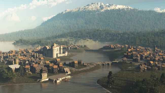 Обои картинки фото 3д графика, realism , реализм, река, горы, город