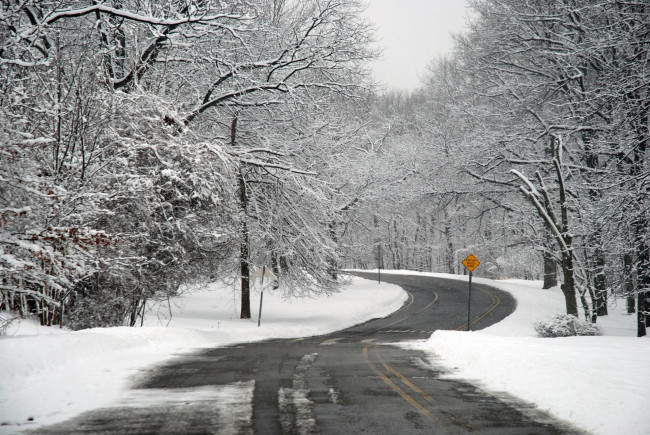 Обои картинки фото природа, зима, деревья, знак, дорога, снег