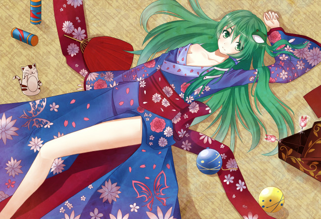 Обои картинки фото аниме, touhou, улыбка, взгляд, девушка, kochiya, sanae, izumi, art, конфеты, пол, шарики, веер, кимоно, лежит