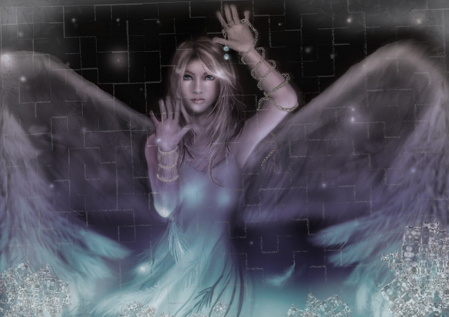 Обои картинки фото фэнтези, ангелы, фантастика, девушка, ангел, крылья, платье, руки, браслеты, цепочка, лицо, взгляд, волосы, стекло, узоры