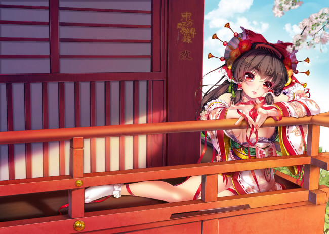 Обои картинки фото аниме, touhou, hakurei, reimu, paint, musume, art, домик, кимоно, прическа, девушка, вишня