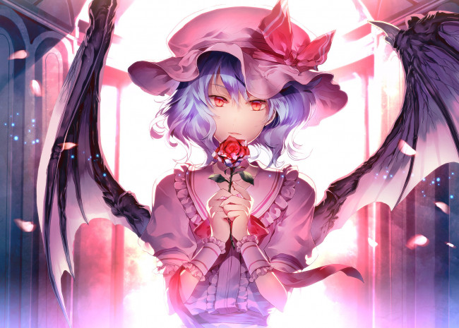 Обои картинки фото аниме, touhou, лепестки, роза, цветок, демон, крылья, взгляд, remilia, scarlet, девушка, sunakumo, art, свет