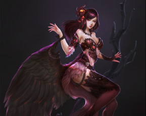 Картинка фэнтези девушки дерево перья арт крылья девушка