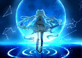 Картинка аниме vocaloid небо вода луна созвездия девушка hatsune miku fuyu no yoru
