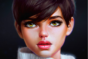 Картинка рисованное люди зеленые глаза взгляд девушка стрижка арт