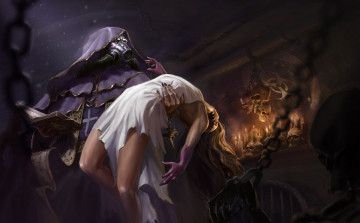 Картинка фэнтези люди священник девушка черепа противогаз подземелье