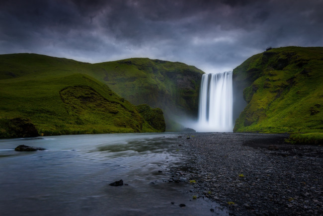 Обои картинки фото природа, водопады, скогафосс, горы, река, водопад, исландия