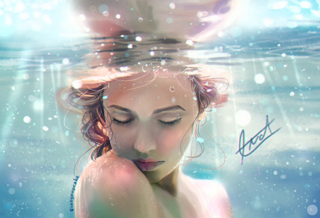 Обои картинки фото рисованное, люди, вода, девушка, by, fizzypopcake