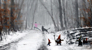 Картинка фэнтези существа гномы человек собака снег лес семья