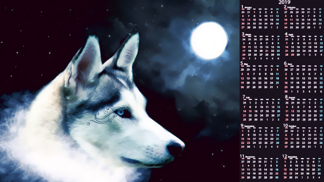 Обои картинки фото календари, рисованные,  векторная графика, профиль, узор, морда, волк, луна