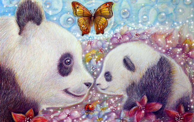 Обои картинки фото рисованное, животные,  панды, цветы, панды, бабочка