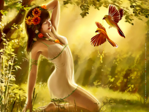 Картинка календари фэнтези девушка венок птица цветы природа растение calendar 2020