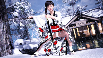 Картинка 3д+графика люди+ people девушка фон взгляд кимоно снег катана