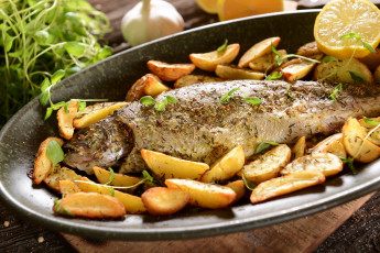 Картинка еда рыбные+блюда +с+морепродуктами картофель рыба запеченная лимон