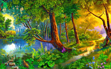 Картинка рисованное природа лес озеро дорожка