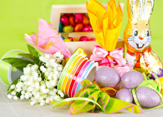 Картинка праздничные пасха тесьма шоколадный заяц шоколад ландыши подарки яйца