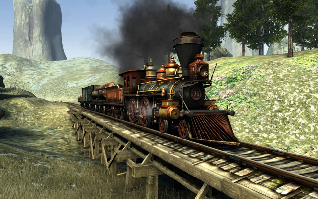 Обои картинки фото western, train, техника, паровозы, дым, холмы, гора, мост, рельсы, паровоз