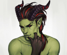 Картинка разное арты зелёный парень взгляд рога демон арт