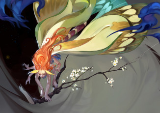 Картинка аниме животные +существа luman арт существо рыжая мотылёк крылья девушка руки ветка цветы