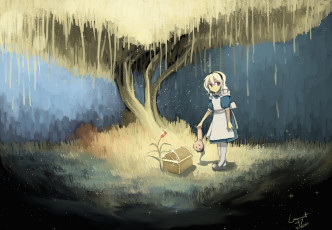 Картинка аниме alice+in+wonderland девочка alice in wonderland роза цветок арт дерево сундук искры