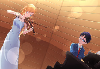 Картинка аниме shigatsu+wa+kimi+no+uso shigatsu wa kimi no uso arima kousei miyazono kawori арт девушка скрипка парень