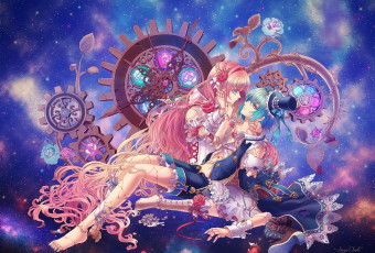 Картинка аниме оружие +техника +технологии небо шляпа звезды слезы арт шестерни розы парень souya touki девушка цветы