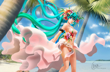 Картинка аниме vocaloid пальмы венок арт hatsune miku тропики платье цветы девушка