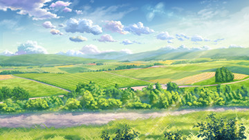 Картинка рисованное природа yuuko-san поля небо зелень облака