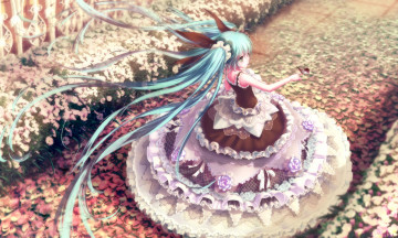 Картинка аниме vocaloid лепестки девушка платье птичка m-xka hatsune miku дорожка цветы арт