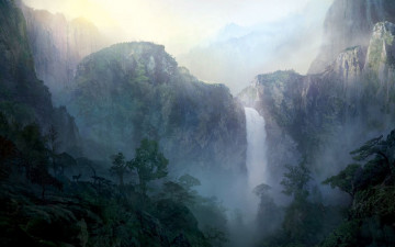Картинка рисованное природа скалы горы водопад деревья джунгли олень туман