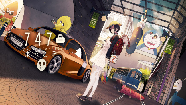 Обои картинки фото аниме, город,  улицы,  здания, doraemon, character, ul283, арт, девушка, машина, автомобиль, игрушки, улица