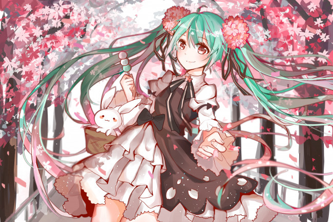 Обои картинки фото аниме, vocaloid, арт, yy58531214, hatsune, miku, цветы, кролик, платье, девушка