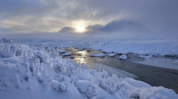 Картинка природа зима горы снег река утро