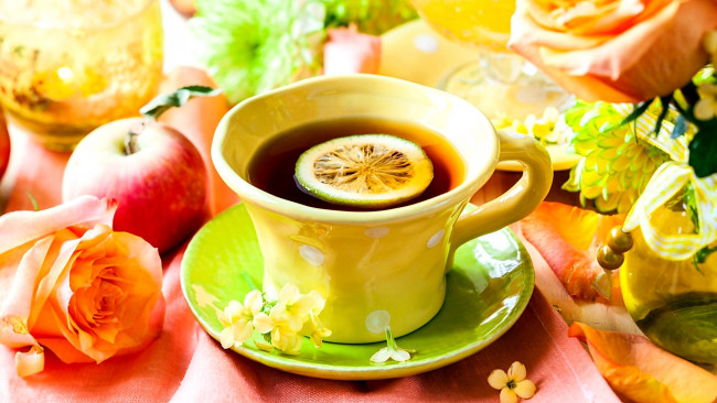 Обои картинки фото еда, напитки,  Чай, яблоко, лимон, роза, чай