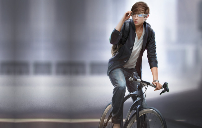 Обои картинки фото рисованное, люди, велосипед, очки, парень