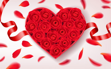 обоя векторная графика, цветы , flowers, фон, коробка, подарок, сердце, розы, лепестки, лента, красные, бутоны