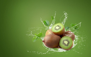 Картинка векторная+графика еда+ food вода брызги зеленый фон всплеск киви фрукты
